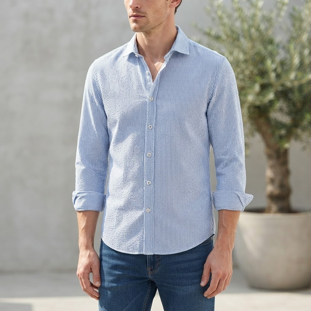 Bread Buttons Blue & White Striped Linen Button Down Shirt- Medium